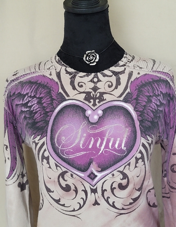 Sinful Tops - Sinful Women's Purple Heart & Wing Long Sleeve Top